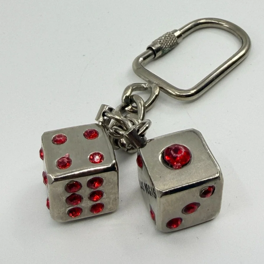 Las Vegas Red Rhinestone Dice Keychain Silver Tone Casino Gambling Souvenir